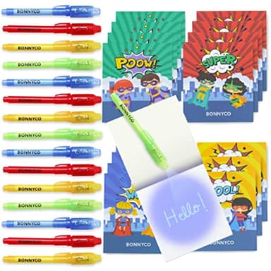 BONNYCO Invisible Ink Pen, Notebook Pack 16 Superhero Party Favors | Super Hero Party Favors for Kids Goodie Bags Stuffers Pinata Stuffers Classroom Prizes Return Gifts for Kids Birthday Student Gifts - Image 1