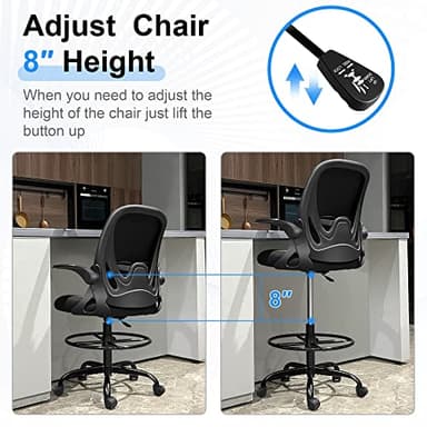 Primy Drafting Chair Tall Office Chair with Flip-up Armrests Executive Ergonomic Computer Standing Desk Chair with Lumbar Support and Adjustable Footrest Ring (Black) - Image 8