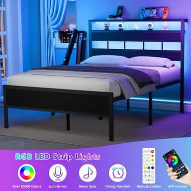 Furnulem Full Size Bed Frame with LED Light and Charging Station, Wood Storage Headboard with 2-Tier Shelves, Metal Platform Bed with Heavy Duty Slats Support, No Box Spring Needed, Black Oak - Image 6