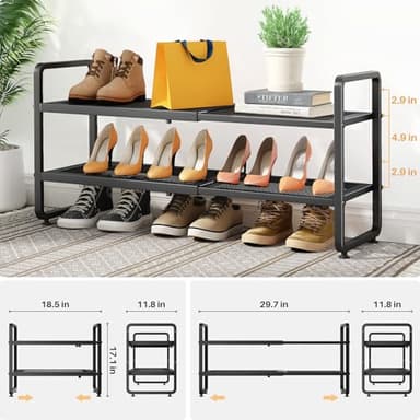 Shoe Rack - Expandable Shoe Organizer for Closet, Adjustable Metal Shoe Shelf Storage, 2 Tier Stackable Long Shoe Stand Holder for Garage, Entryway, Door Entrance, Black - Image 3