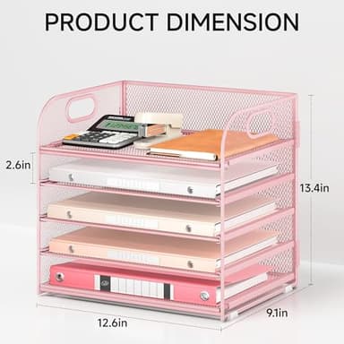 5 Tray Paper Organizer Letter Tray with Handle - Mesh Desk File Organizer, Paper Sorter Organizer for Office, Home or School File Folder Holder - Pink - Image 3