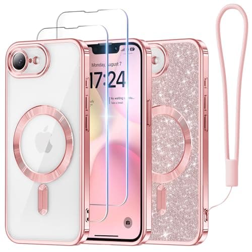 Meifigno Designed for iPhone 16E Case 6.1", [Compatible with MagSafe] [Glitter Card & Wrist Strap] [2X Screen Protectors] Surround Raised Lens Protection Designed for iPhone SE 4 Case, Rose Gold - Image 1