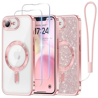 Meifigno Designed for iPhone 16E Case 6.1", [Compatible with MagSafe] [Glitter Card & Wrist Strap] [2X Screen Protectors] Surround Raised Lens Protection Designed for iPhone SE 4 Case, Rose Gold - Image 1