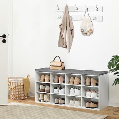 HOOBRO Shoe Storage Bench with Cushion, 39.4" L Entryway Bench with 12 Cubbies, Entryway Hall Tree with Storage, Cubby Shoe Rack Bench with Coat Rack for Hallway, Holds up to 330 lb, White WT112HX01 - Image 2