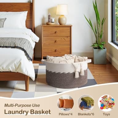 OIAHOMY 90L Blanket Basket for Living Room, Large Basket 23" x 23" x 13" with Handle, Laundry Hamper for Blankets, Pillows, Toy Storage for Kids, Dogs - Brown & White - Image 3