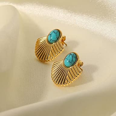 IUITY Gold Fan Shape Earrings Studs 14K Gold Plated Turquoise Studs Earrings Hypoallergenic Fashion Lightweight Jewelry for Women Mom Wife - Image 4