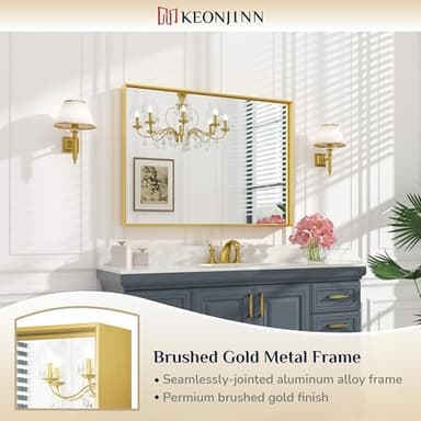 Keonjinn Gold Bathroom Mirror 40 x 30 Inch, Brushed Gold Mirror for Over Sink, Aluminum Alloy Framed, Square Corner, Modern Farmhouse, Large Rectangular Vanity Mirror for Wall(Horizontal/Vertical) - Image 9