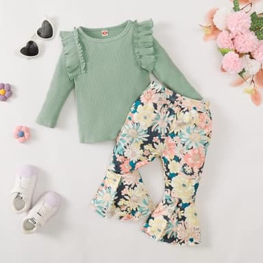 Kislio Toddler Baby Girl Clothes Long Sleeve Ruffle Ribbed Solid Tops Flare Pants Bell Bottoms Fall Winter Outfit Set - Image 2