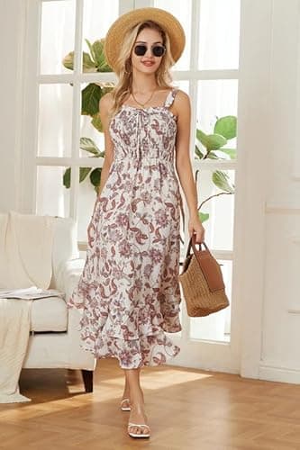 GRACE KARIN Women's 2025 Summer Floral Boho Dress Square Neck Strapped Swing A Line Sundress Beach Long Maxi OutfitsBeige L - Image 2
