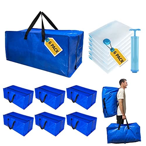 12 Pack Heavy Duty Extra Large Moving Bags with Backpack Straps & Large Vacuum Storage Bags Moving Supply Combo, Moving Totes with Handles & Zippers for Space Saving, Fold Flat, Includes Vacuum Bags - Image 1