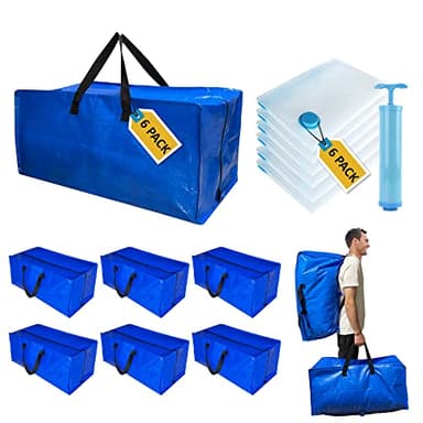 12 Pack Heavy Duty Extra Large Moving Bags with Backpack Straps & Large Vacuum Storage Bags Moving Supply Combo, Moving Totes with Handles & Zippers for Space Saving, Fold Flat, Includes Vacuum Bags - Image 1