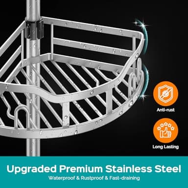 HAMITOR Corner Shower Caddy Tension Pole: Rustproof 4-Tier Bathroom Organizer Shelves for Bathtub Shampoo Storage - 47-121 Inch Quick Install Adjustable Rod Standing Rack with Soap Rack - Silver Gray - Image 5