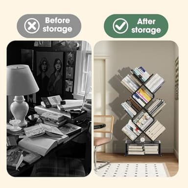 Onadak Metal 6 Tier Bookshelf, No Assembly Needed Foldable Bookcase with Storage Cabinet, Sturdy Standing Shelf for Bedroom Office Corner, Black​ - Image 3