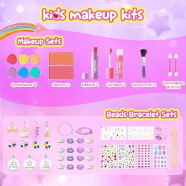 Kids Makeup & Jewelry Kit for Girls - Washable Real Cosmetics Set with Bracelet-Making for Children Toddler, Princess Dress-Up Toy, Ideal Winter Birthday Gift for 4-12 Year Olds (Pink) - Image 7