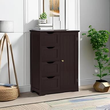 Yaheetech Large Bathroom Floor Cabinet with 4 Drawers and Single Door Cabinet, Freestanding Storage Cabinet for Living Room Kitchen Hallway, Espresso - Image 5