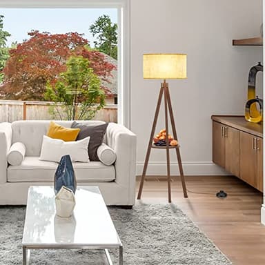 LEPOWER Mid Century Wood Standing Lamp, Modern Design Shelf Floor Lamp for Living Room, Bedroom, Office, Flaxen Shade with E26 Base, Perfect for Reading or Ambient Lighting Dark Brown - Image 6