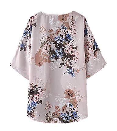 Chunoy Women Floral Kimono Cover Up Short Sleeve Shawl Chiffon Casual Lightweight Cardigan Grey Small - Image 5