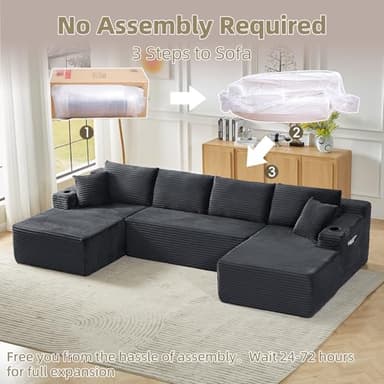 134 Inch Cloud Sectional Couch for Living Room,Corduroy Boneless Couches with Cup Holder,Modern Modular Sectional Sofa with Deep Seat,No Assembly Required (Dark Gray, U-Shaped Sofa) - Image 6