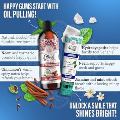 GuruNanda Gum Hygiene Makeover Kit with Ashwagandha & Cocomint (Travel Size) Oil Pulling, Neem Toothpaste, Breath Harmonizer Mouthwash, 2-in-1 Floss Picks & Whitening Toothbrushes - Image 3