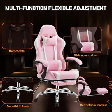 Sweetcrispy Video Game Desk Chair - Ergonomic Computer with Footrest and Comfy Lumbar Support, PU Leather Recliner with Headrest, Fixed Up Armrest, Height Adjustable with 360° Swivel, for Adults, Pink - Image 6