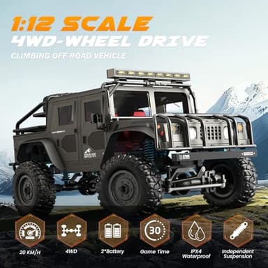 SIMREX 1:12 Scale All-Terrain Remote Control Car, 4WD RC Cars with 2.4 GHz, RC Climbing Truck, IPX4 Waterproof Off-Road Vehicle with Two Rechargeable Batteries, for Kids Teens Adults - Image 3