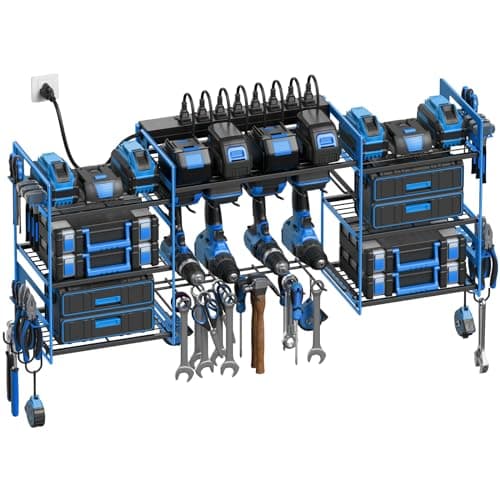 CCCEI Blue Power Tool Organizer Wall Mount, Large Tools and Battery Storage Rack Charging Station Individual Switches. Drills Holder, Garage Utility Shelves with 6FT Power Strip. Gift for Men. - Image 1