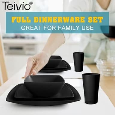 Teivio 32-piece Plastic Wheat Straw Square Dinnerware Set for 8, Unbreakable Dinner Plates, Salad Plates, Snack Bowls, Tumblers, Dishwasher Safe, Black - Image 6