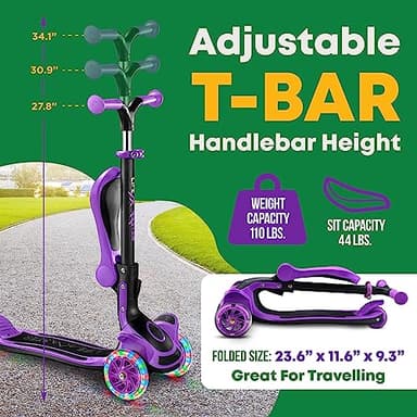 3 Wheel Scooter for Kids with Foldable Seat, Adjustable Handlebar Height, Lean-to-Steer Ride On Toy for Kids Ages 2+, Light-Up LED Wheels, Wide Anti Slip Deck, Indoor & Outdoor Use, Purple - Image 2
