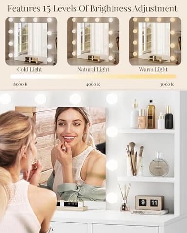 LIVELYGLOW Lighted Makeup Vanity Desk, 35.4“W x 15.7'”D x 54“H, White (with Lights and Mirror, Dimming Function, 2 Drawers and 1 Cabiniet, Open Shelves) by Boahaus - Image 3