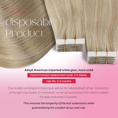 Moresoo Tape in Highlighted Hair Extensions Real Human Hair Ash Blonde Mix with Bleach Blonde Tape in Extensions Human Hair 20 Inch #P18/613 20pcs 50g - Image 3