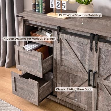 JXQTLINGMU Fireplace TV Stand for 80 Inch TV, Farmhouse Entertainment Center with 36" Fireplace, Modern Media Console with Sliding Barn Door & Storage Drawers for Living Room, Grey - Image 5