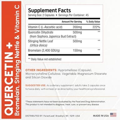 ForestLeaf Quercetin with Bromelain 1350mg - Blend with Vitamin C & Stinging Nettle Supplement, Quercetin 500mg Capsules, Non-GMO Gluten Free, Natural Immune & Respiratory Function, 90 Veggie Caps - Image 3