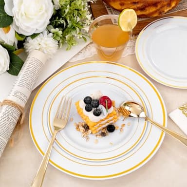 bUCLA 350PCS Gold Plastic Dinnerware Set - Gold Disposable Dinnerware for 50 Guests, Includes 50 Dinner Plates, 50 Dessert Plates, 50 Forks, 50 Knives, 50 Spoons, 50 Cups & 50 Napkins for Party - Image 4