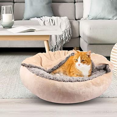 GASUR Small Dog & Cat Bed, 23'' Donut Pet Bed Mat with Hooded Blanket, Anti-Anxiety Burrow Cave Bed, Cozy Puppy Bed, Machine Washable, for Indoor Pets up to 20lbs - Image 8