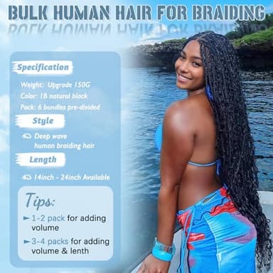 Human Braiding Hair for Boho Braids 150g 6 Bundles/Pack 20 Inch Deep Wave Bundles Human Hair Curly Boho Hair for Braiding 12A Bulk Braiding Hair Wet and Wavy Natural color - Image 2