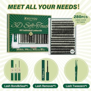 KEYYOU lash Clusters Kit 3D Effect Eyelash Clusters Kit 280pcs 80D100D 8-16MIX D Curl Individual Lashes Kit Wispy Lashes Volume Cluster Lashes Kit Natural Soft (3D Kit-80D100D-D-8-16MIX) - Image 5