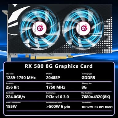 Radeon RX 580 8GB Graphics Card, GDDR5 1289MHz 2048SP 256bit, HDMI, DP, DVI-Output, GPU with Dual Cooling Fan, PCIE 3.0, AMD Video Card for Computer Gaming and Office, Supports Up to 8K - Image 2