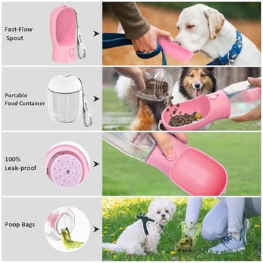 20oz Dog Water Bottle with Food Container & Poop Bag Dispenser | Leak-Proof Portable Pet Water Dispenser with Carabiner Clip | for Walking, Hiking, Travel - Image 3