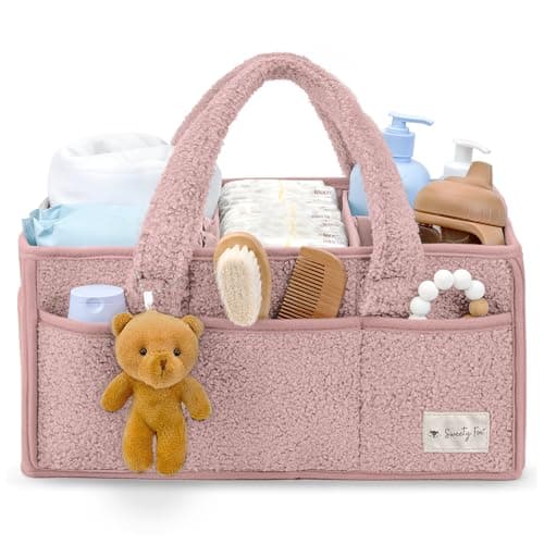Sweety Fox Baby Diaper Caddy Organizer with Handle - Portable Sherpa Nursery Basket - Car Diaper Organizer, Cleaning Caddy, Gift for Baby Shower - Pink - Image 1