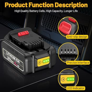 6.0Ah Replacement for Dewalt 20V Max Battery Compatible with Dewalt 20V Battery DCB200 DCB203 DCB204 DCB205 DCB206 N123283 N123282 DCD DCF DCG DCS DCK Series Cordless Power Tools(2 Pack) - Image 3