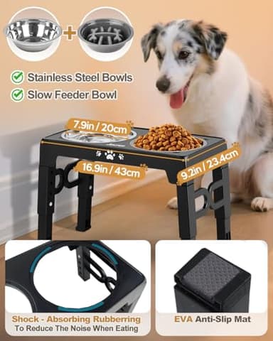 Jovrun Elevated Dog Bowls, Dog Feeder with Stainless Steel Dishes & Slow Feeder Bowl, 5 Heights Adjustable Raised Stand for Medium Large, Food Dishes with Non-Slip Feet - Image 3