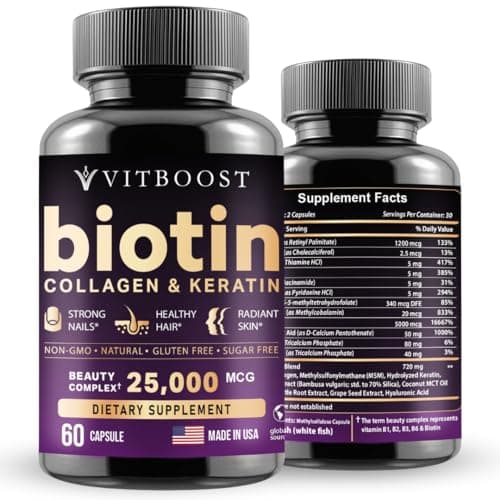VITBOOST Biotin with Hyaluronic Acid, Collagen and Keratin – 25000 mcg Hair Growth Vitamins for Men and Women – Nails and Skin, USA Made - Third Party Tested, B1, B2, B3, B6, B7 Complex - 60 Capsules - Image 1