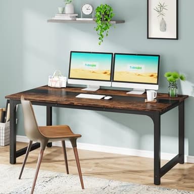 Tribesigns Modern Computer Desk, 63 x 31.5 inch Large Office Desk Computer Table Study Writing Desk Workstation for Home Office, Rustic/Black - Image 2
