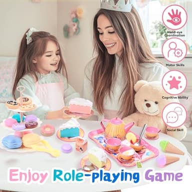 61Pcs Tea Party Set for Little Girls, Dreamland World Tea Set Toys Including Dessert, Cake Stand & Carrying Case, Kids Kitchen Pretend Play for 3 4 5 6 Year Old Girl Birthday Gifts - Image 6