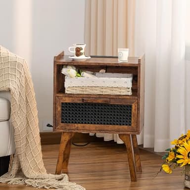 Lerliuo Rattan Nightstands Set of 2 with Charging Station, Boho Side Table with Drawer Open Shelf, Cane Accent Bedside End Table with Solid Wood Legs for Bedroom, Dorm and Small Spaces (Brown) - Image 4