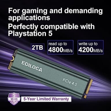 Ediloca 2TB M2 NVME SSD with Heatsink - PCIe Gen4.0 NVMe M.2 2280 3D NAND TLC, 4800MB/s Read, Internal Solid State Drive for PS5/PC, Dynamic SLC Cache, PS5 Storage Expansion, 5-Year Warranty(EN760) - Image 3