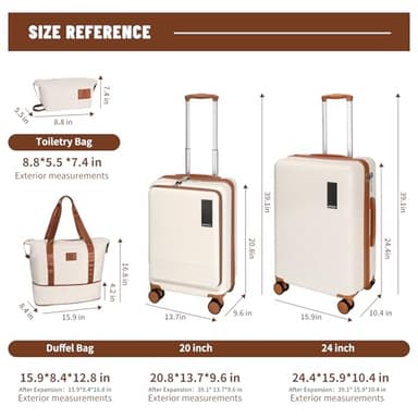 WireHot 2 Piece Luggage Sets with Spinner Wheels Front Open Pocket, ABS+PC Suitcase with TSA Lock & YKK Zipper, Carry On 20/24 inch Medium +Toiletry Bag+Handbag, Apricot Off White - Image 2