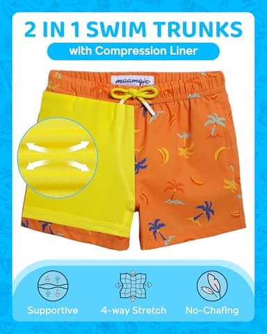 maamgic Boys Swim Trunks with Compression Liner 4-Way Stretch Quick Dry Swim Shorts Swimming Trunks Toddler Boy Coconut Orange 3T - Image 2