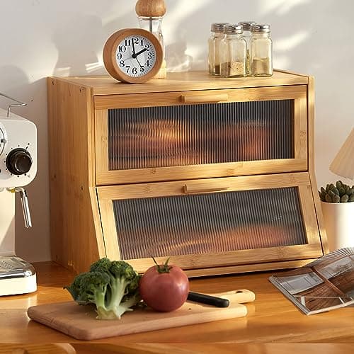 GHWIE Double Layer Bamboo Bread Box for Kitchen Counter,Large Capacity Bread Storage Bin,Bread Container with Acrylic Wavy Door Panel (Natural, Medium) - Image 1