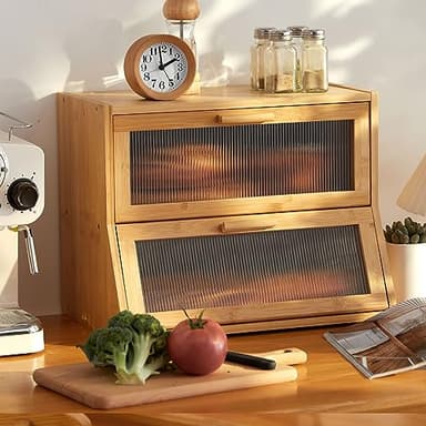 GHWIE Double Layer Bamboo Bread Box for Kitchen Counter,Large Capacity Bread Storage Bin,Bread Container with Acrylic Wavy Door Panel (Natural, Medium) - Image 1